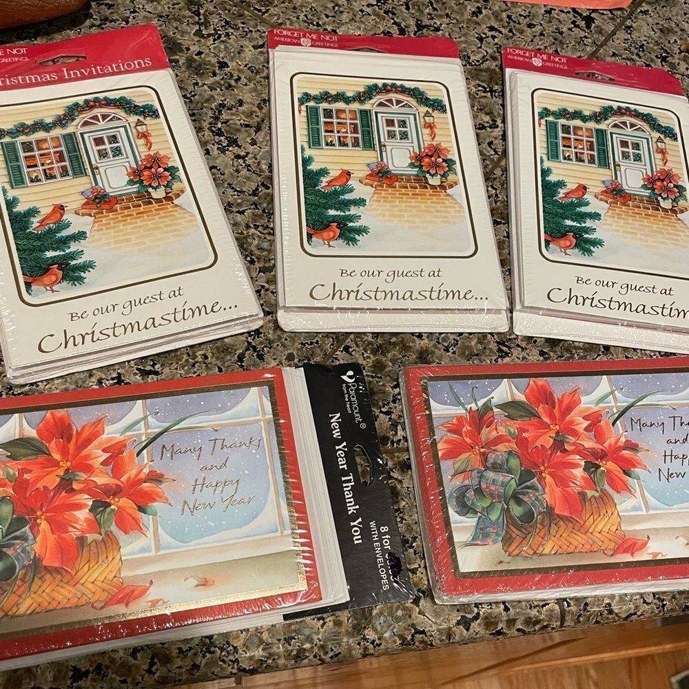 Christmas Party Invites Vintage 3 Sets & 2 Sets of Poinsettia Thank You Cards